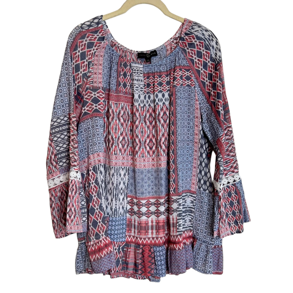 Fred David Womens Tunic Blouse Large Blue Pink Mixed Patchwork Print Bell Cuffs